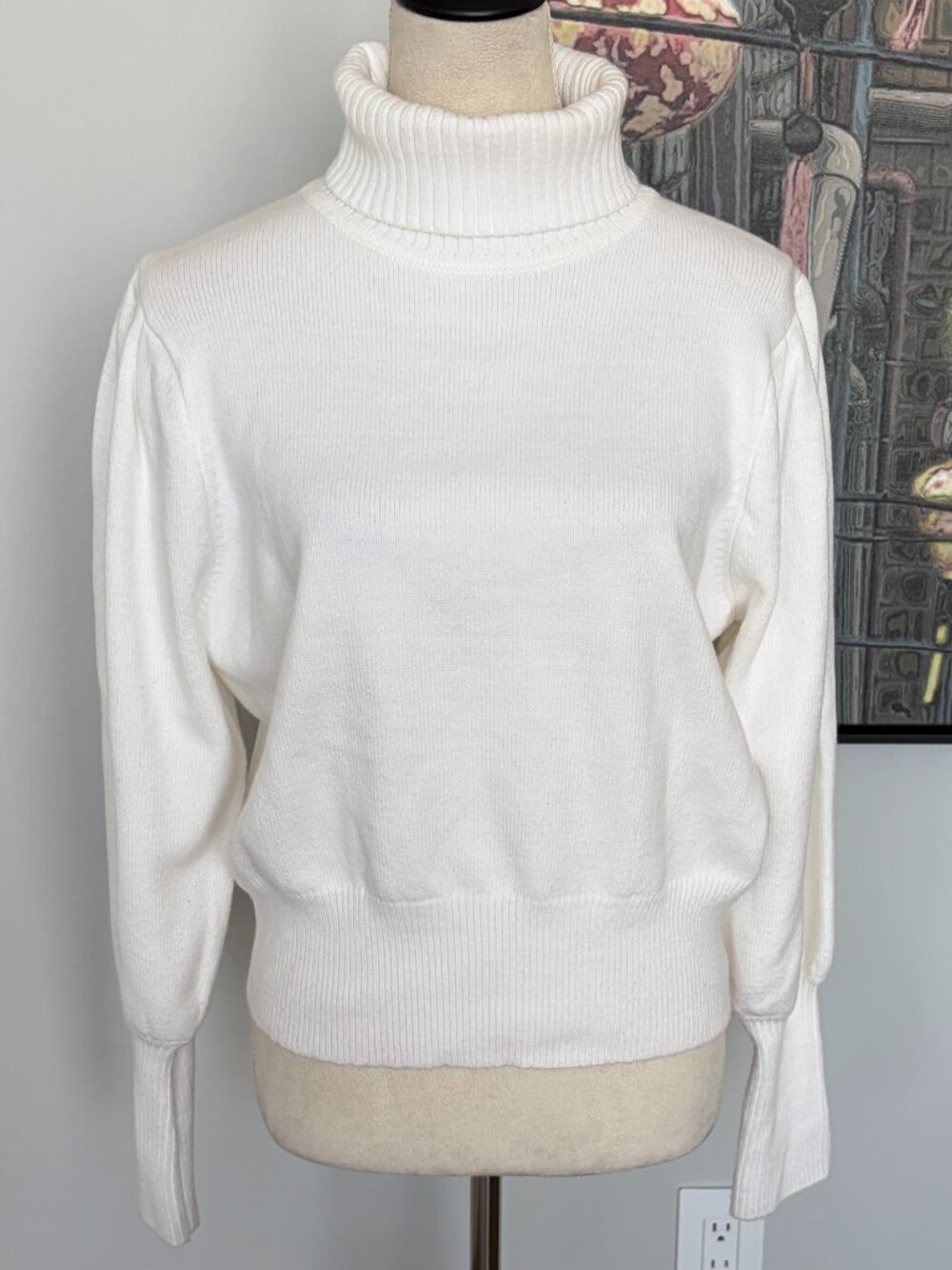 French Connection White Turtleneck Puff Sleeve Sweater L